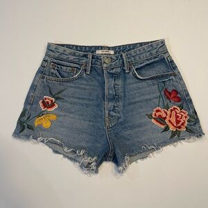 GRLFRND Cindy High Rise Cut Off Denim SHORTS 26 RISING SUN Floral Embroidered